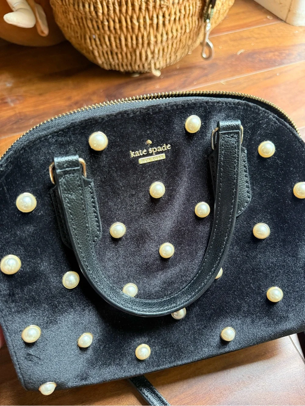 kate spade Black Pearl-Embellished Velvet Dome Satchel